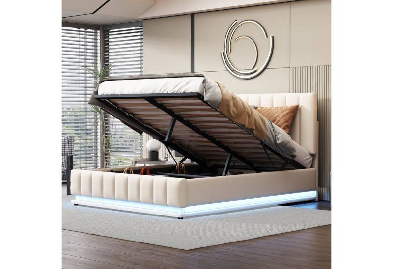 BlingBin Polsterbett Hydraulisches Funktionsbett Stauraumbett Jugendbett Bettgestell (Doppelbett mit LED, Metalllattenrost & Bettkasten, 1-tlg., 140 x 200 cm, Ohne Matratze, Tragfähigkeit: 250kg), mit Höheverstellbarem Polsterkopfteil & Hydraulischem Stauraum, Weiß von BlingBin