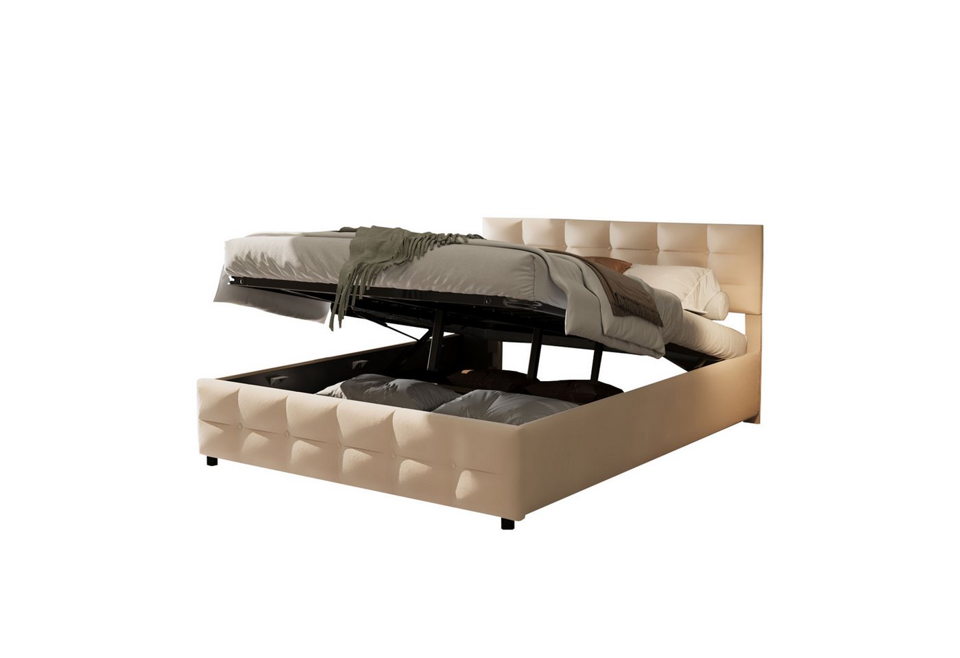 BlingBin Polsterbett Hydraulisches Funktionsbett Stauraumbett Jugendbett Doppelbett (1-tlg., 180 x 200 cm, Ohne Matratze, Belastbarkeit maximal: 300KG), Bett für Schlafzimmer, Holländischer Samtstoff, Beige von BlingBin