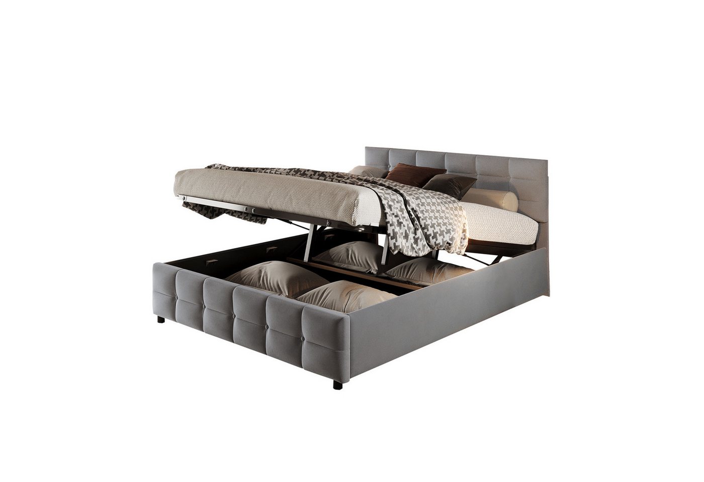 BlingBin Polsterbett Hydraulisches Funktionsbett Stauraumbett Jugendbett Doppelbett (Bettgestell mit Lattenrost, 1-tlg., 180 x 200 cm, Ohne Matratze, Belastbarkeit maximal: 300KG), Bett für Schlafzimmer, Holländischer Samtstoff, Grau von BlingBin