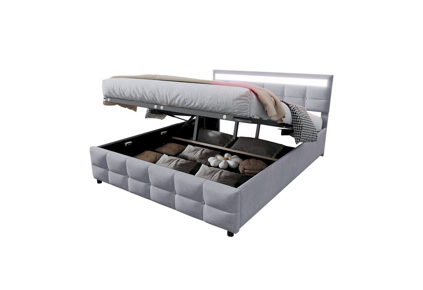 BlingBin Polsterbett Hydraulisches Funktionsbett Stauraumbett Jugendbett Doppelbett (Bettgestell mit Lattenrost und LED-Leuchten, 1-tlg., 180 x 200 cm, Ohne Matratze, Belastbarkeit maximal: 300KG), Bett für Schlafzimmer, Holländischer Samtstoff, Grau von BlingBin