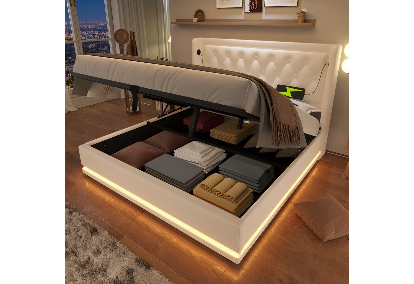 BlingBin Polsterbett Hydraulisches Stauraumbett (1-tlg., Einzelbett gepolstertes Kopfteil mit USB Typ-C Ladefunktion), PU-Material, 3-seitige LED-Funktion von BlingBin