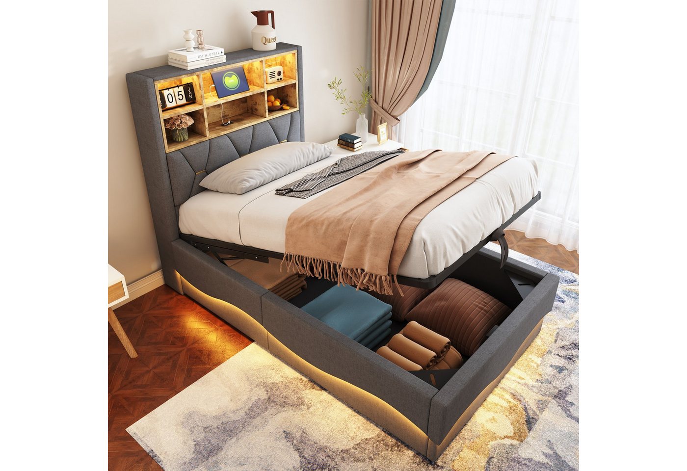 BlingBin Polsterbett Hydraulisches Stauraumbett Jugendbett mit LED-Lichtband und USB (Kinderbett, 1-tlg., 90×200 cm, Metall-Lattenrost Leinenpolsterung), Multifunktionales Kinder- & Jugendbett mit LED, USB & großem Stauraum von BlingBin