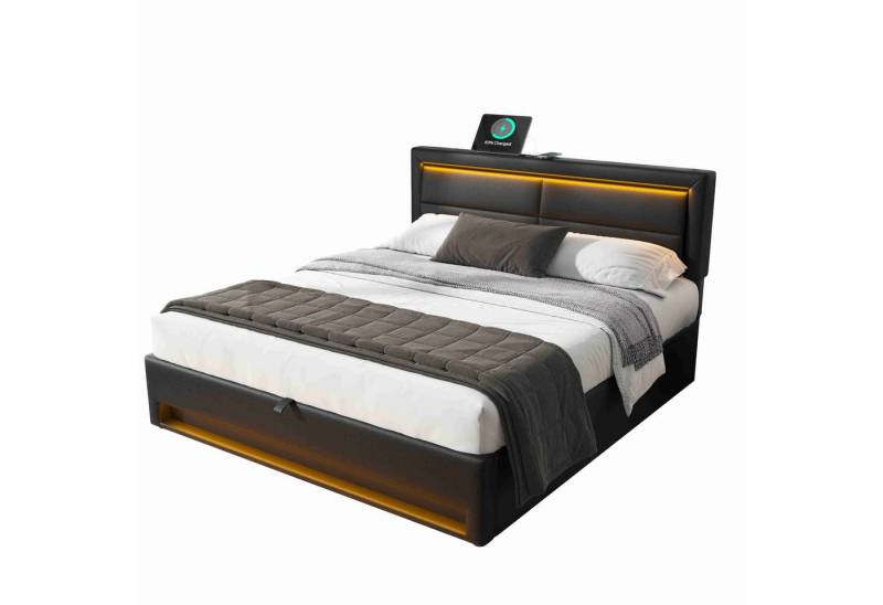 BlingBin Polsterbett Jugendbett Bettgestell mit LED-Beleuchtung und Vier Schubladen (mit USB-Anschluss (unterstützt kabelloses und kabelgebundenes Laden), 1-tlg., 140 x 200 cm, Ohne Matratze, Belastbarkeit maximal: 300KG), Stauraumbett Doppelbett, PU-Litschi-Muster, Schwarz von BlingBin