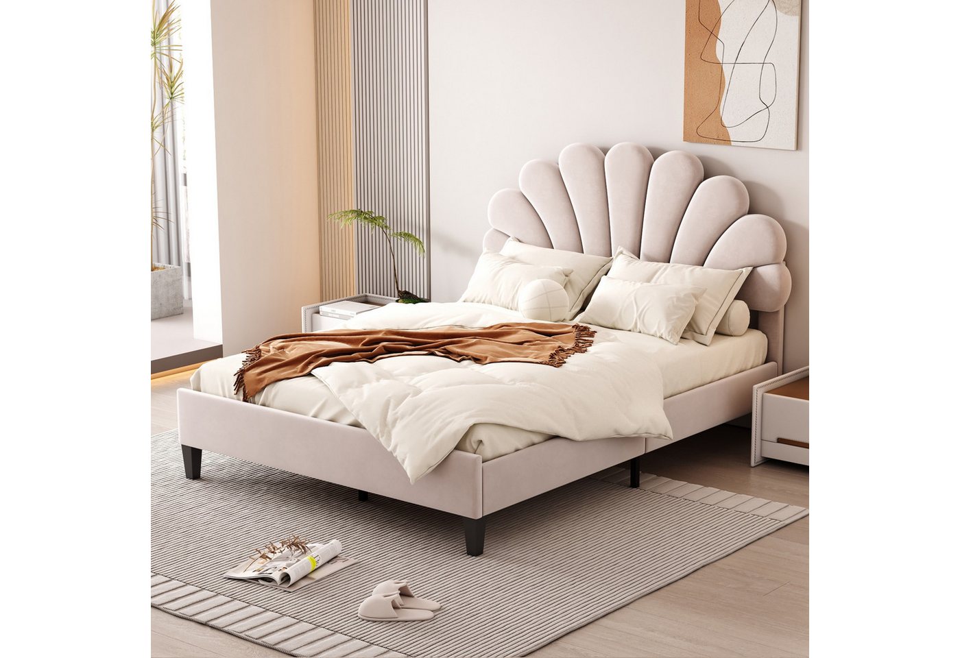 BlingBin Polsterbett Jugendbett Einzelbett Gästebett Bettrahmen mit blütenförmigem Kopfteil (1er Set, 1-tlg., Jugendbett 140 x 200 cm), mit höhenverstellbarem Kopfteil und hydraulischem Stauraum, Samtstoff von BlingBin