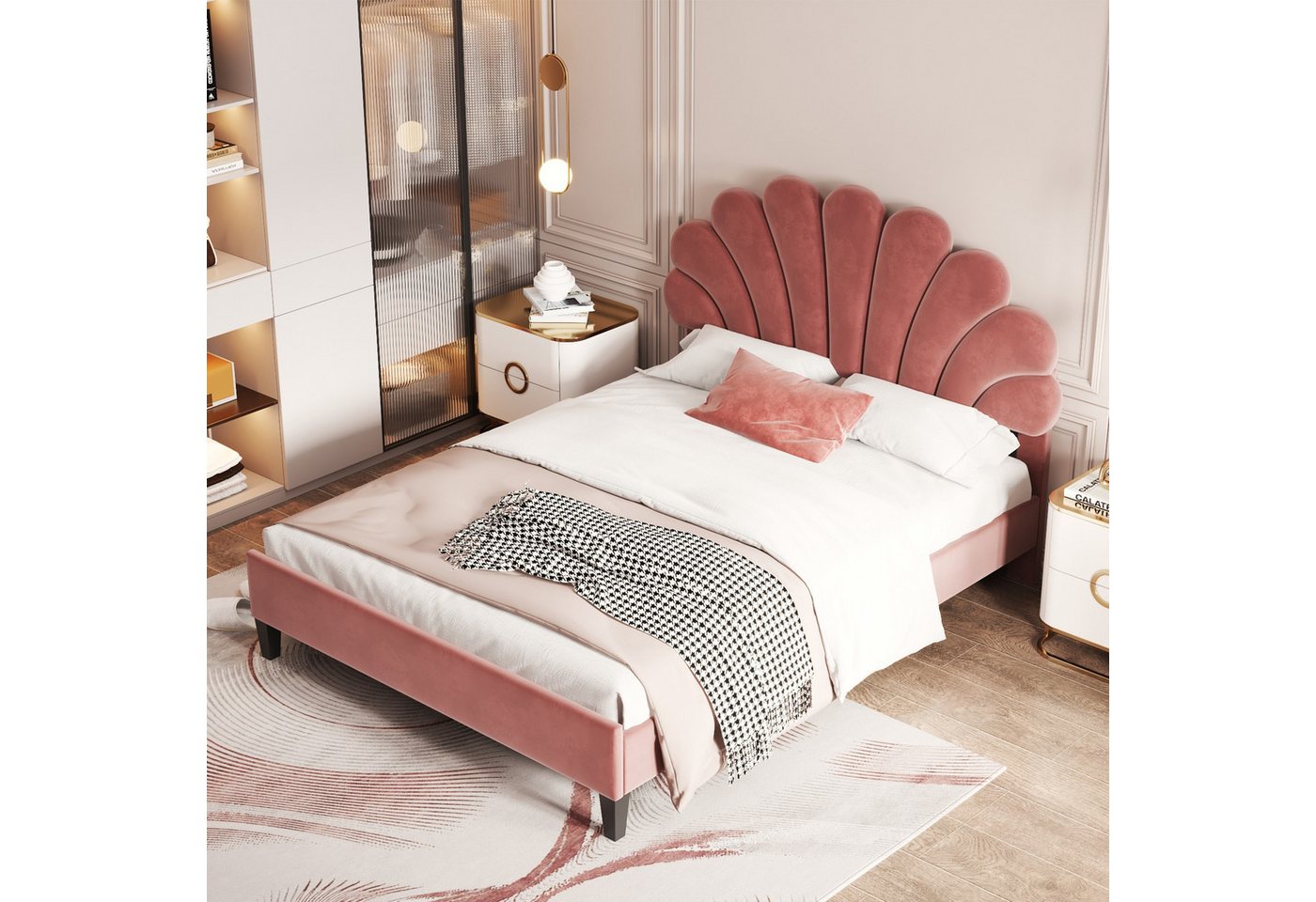 BlingBin Polsterbett Jugendbett Einzelbett Gästebett Bettrahmen mit blütenförmigem Kopfteil (1er Set, 1-tlg., Jugendbett 140 x 200 cm), mit höhenverstellbarem Kopfteil und hydraulischem Stauraum, Samtstoff von BlingBin