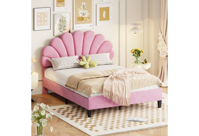 BlingBin Polsterbett Jugendbett Einzelbett Gästebett Bettrahmen mit blütenförmigem Kopfteil (1er Set, 1-tlg., Jugendbett 140 x 200 cm), mit höhenverstellbarem Kopfteil und hydraulischem Stauraum, Samtstoff von BlingBin