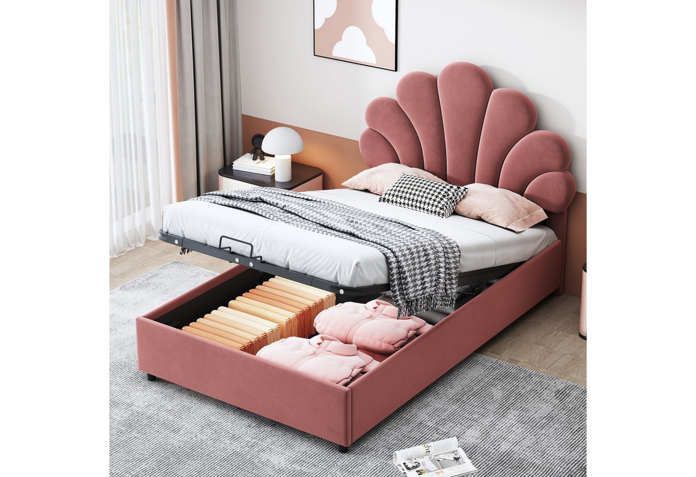BlingBin Polsterbett Jugendbett Einzelbett Gästebett Bettrahmen mit blütenförmigem Kopfteil (1er Set, 1-tlg., Kinderbett 90 x 200 cm), mit Höhenverstellbarem Kopfteil und hydraulischem Stauraum, Samtstoff von BlingBin