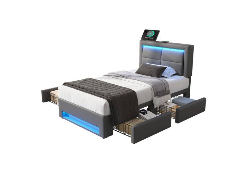 BlingBin Polsterbett Jugendbett mit LED-Beleuchtung und vier Schubladen, PU-Litschi-Muster (1er Set, 1-tlg., 90x200 cm, Ohne Matratze, Max Belastbarkeit: 150KG, Grau), Mit USB-Anschluss (Unterstützt Kabelloses und Kabelgebundenes Laden) von BlingBin