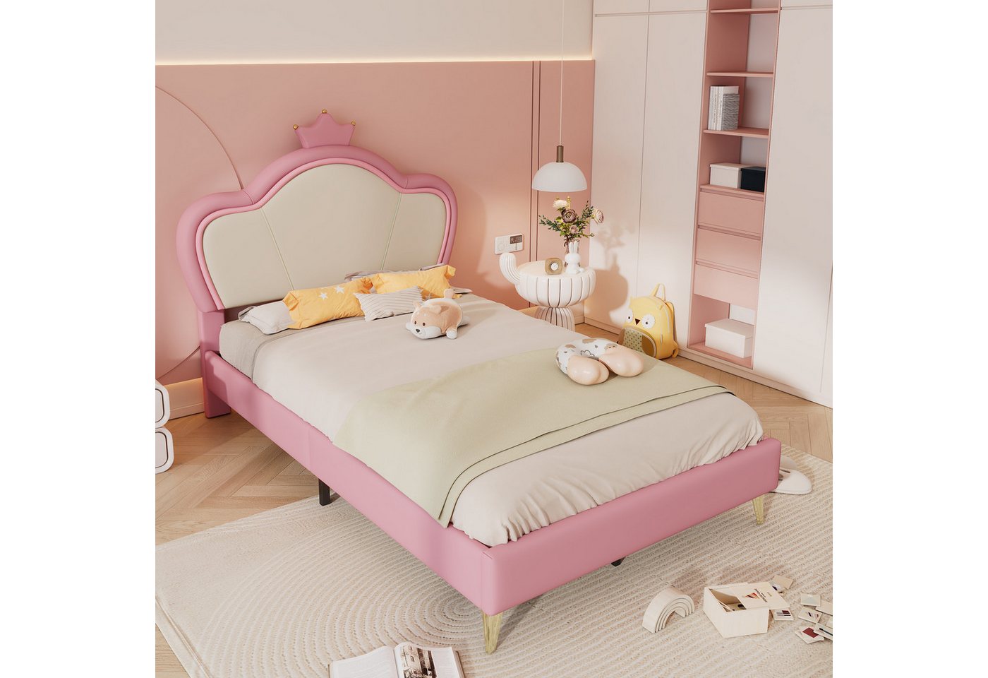 BlingBin Polsterbett Kinderbett Einzelbett Jugendbett (1-tlg., mit weichen Schutzkanten,Kopfteil mit Krone,Bettfüße aus Metall), Elegantes gepolstertes Kopfteilprofil,PU,Rosa+Weiß,90x200cm von BlingBin