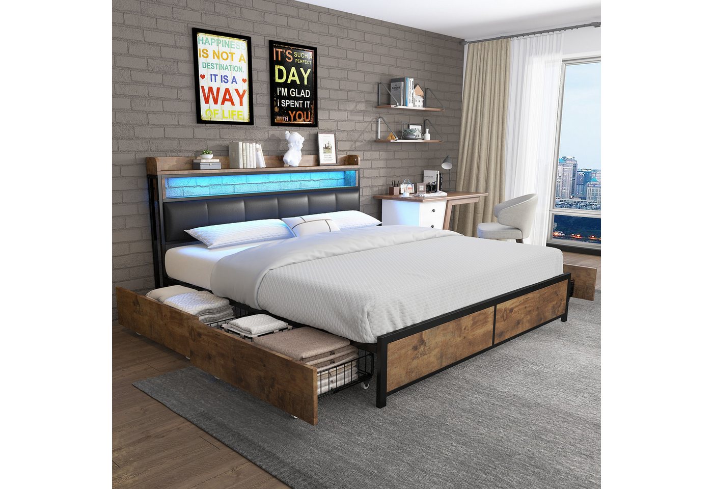 BlingBin Polsterbett LED-Bett mit Lattenrost & Kopfteil Jugendbett Stauraumbett Doppelbett (Bettgestell mit 4 Schubladen, Aufbewahrungsfunktion, Einfache Montage, 1-tlg., 180*200cm, Max Belastbarkeit: 300KG, Ohne Matratze), Polsterbett für Erwachsene & Jugendliche, PU, Schwarz von BlingBin