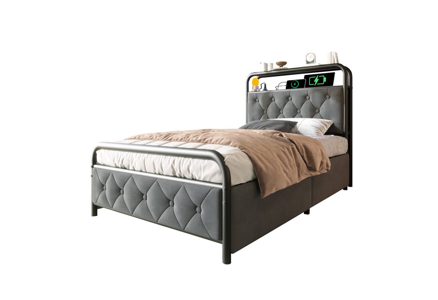 BlingBin Polsterbett Metallbett Bettgestell (1-tlg., Einzelbett mit aufladen USB Type C Ladefunktion APP-Control LED), 90×200 Bettrahmen,2 Schubladen,Samt von BlingBin