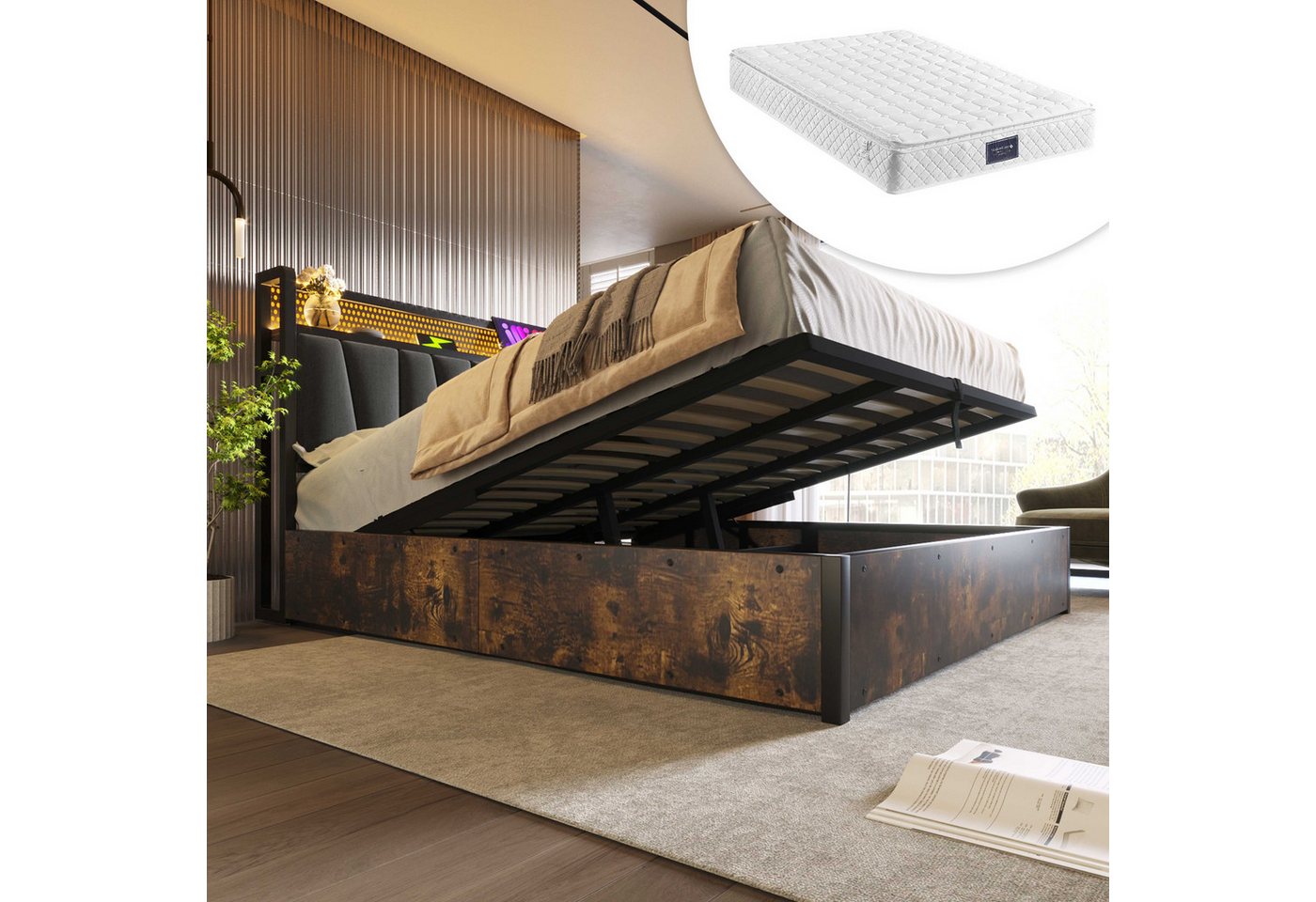 BlingBin Polsterbett Metallbett Lattenrost aus Holz (Doppelbett mit aufladen USB Ladefunktion Kopfteil), LED App-Control, LED-Beleuchtung, 140x200cm von BlingBin