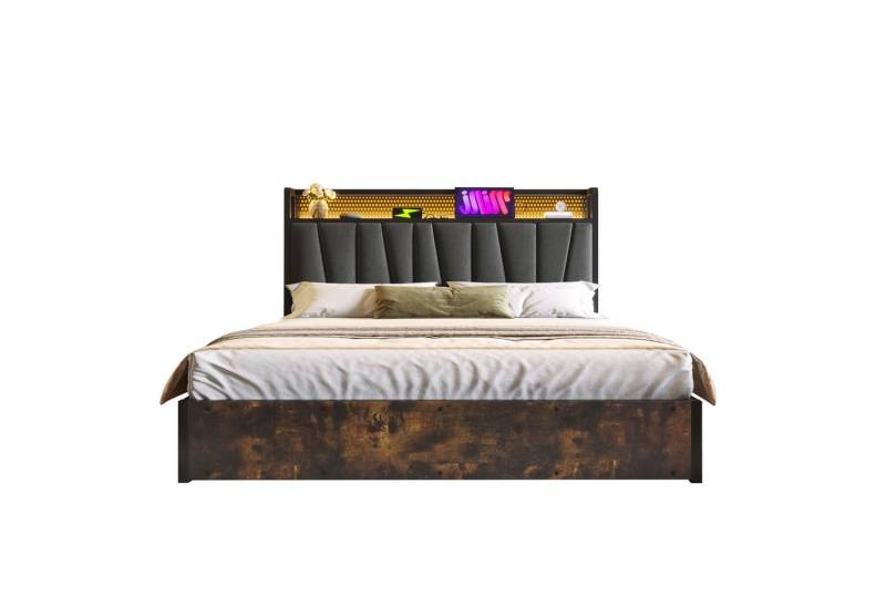BlingBin Polsterbett Metallbett Lattenrost aus Holz (Doppelbett mit aufladen USB Ladefunktion Kopfteil), LED App-Control, LED-Beleuchtung, 180x200 CM von BlingBin