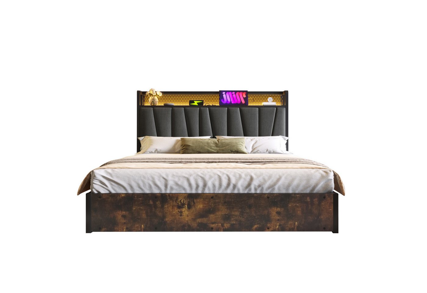BlingBin Polsterbett Metallbett Lattenrost aus Holz (Doppelbett mit aufladen USB Ladefunktion Kopfteil), LED App-Control, LED-Beleuchtung, 160x200cm von BlingBin