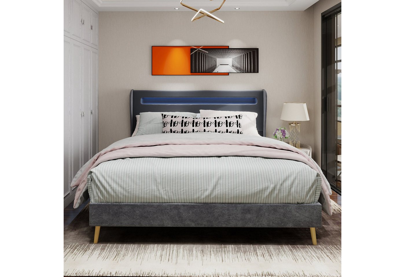 BlingBin Polsterbett Modernes Bett mit LED-Kopfende und Stoffbezug (1er set, 1-tlg., 140x200 cm, Beige), Mit niedrigem Bettgestell ohne Stauraum, ohne Matratze von BlingBin