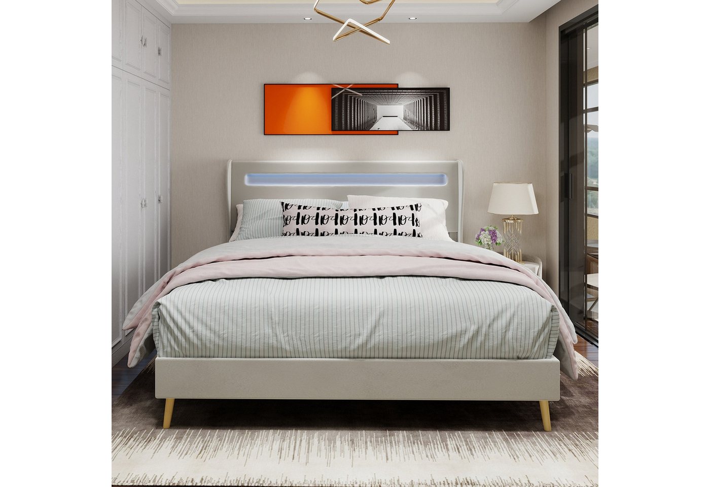 BlingBin Polsterbett Modernes Bett mit LED-Kopfende und Stoffbezug (1er set, 1-tlg., 140x200 cm, Beige), Mit niedrigem Bettgestell ohne Stauraum, ohne Matratze von BlingBin