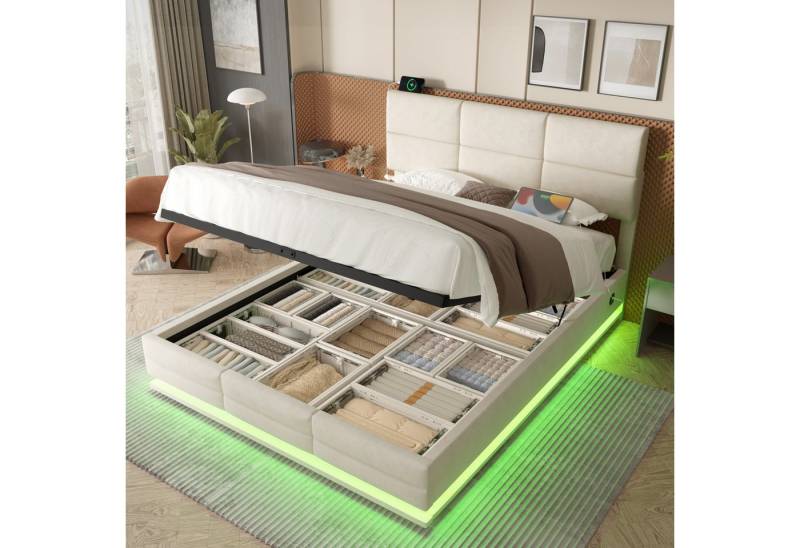 BlingBin Polsterbett Modernes Doppelbett Jugendbett mit LED-Ambientebeleuchtung (Hydraulisches Funktionsbett mit Höhenverstellbarem Kopfteil und USB/Type-C-Anschlüssen, 1-tlg., 140x200 cm, Ohne Matratze, Max. Benutzergewicht: 250KG), Velours-Stauraumbett für Schlafzimmer, Samt, Beige BlingBin Polsterbett Modernes Doppelbett Jugendbett mit LED-Ambientebeleuchtung (Hydraulisches Funktionsbett mit Höhenverstellbarem Kopfteil und USB/Type-C-Anschlüssen, 1-tlg., 140x200 cm, Ohne Matratze, Max. Benutzergewicht: 250KG), Velours-Stauraumbett für Schlafzimmer, Samt, Beige von BlingBin