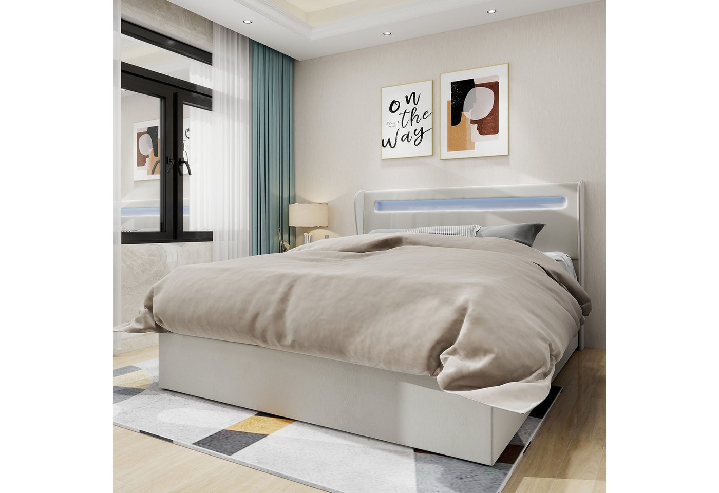 BlingBin Polsterbett Modernes mit Stoffkopfteil und LED-Beleuchtung inkl. Stauraum (1er set, 1-tlg., 140x200 cm), Großer Stauraum mit Gaslift, ohne Matratze - Modernes Design von BlingBin