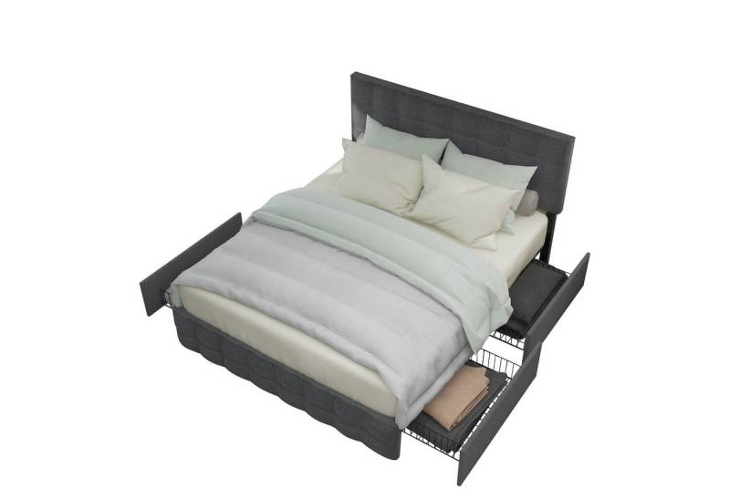 BlingBin Polsterbett Polsterbett Doppelbett Stauraum Bett mit 4 Schubladen 140*200 cm (Metalllattenstütze höhenverstellbares Nähdesign Schwarz Leinen), Verstellbares Kopfteil von BlingBin