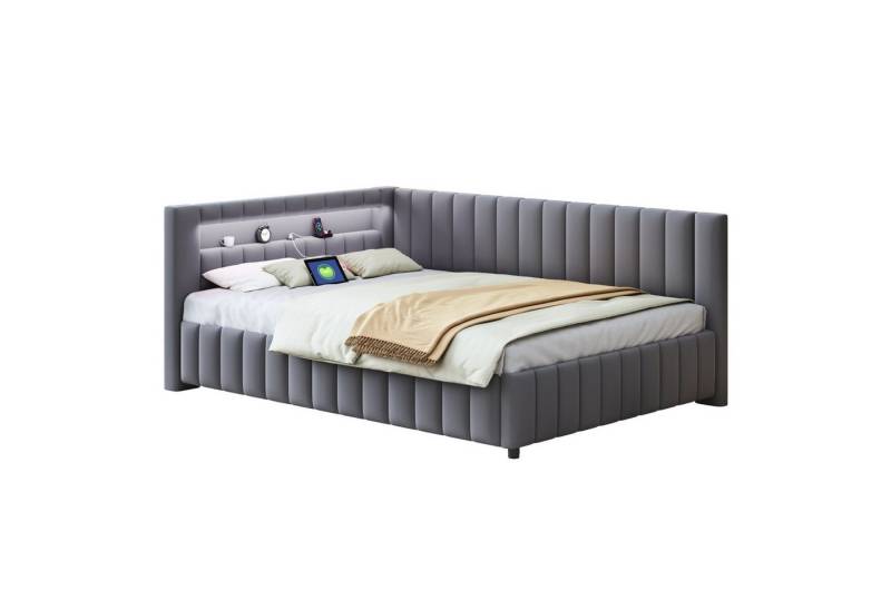 BlingBin Polsterbett Schlafsofa, Funktionsbett, Jugendbett (1er Set, 1-tlg., Gepolstertes aus Samtstoff mit LED-Licht und USB-Ladeanschluss), 140x200 cmSchlafsofa mit Rückenlehne, Kopfteil und stabilem Bettrahmen von BlingBin