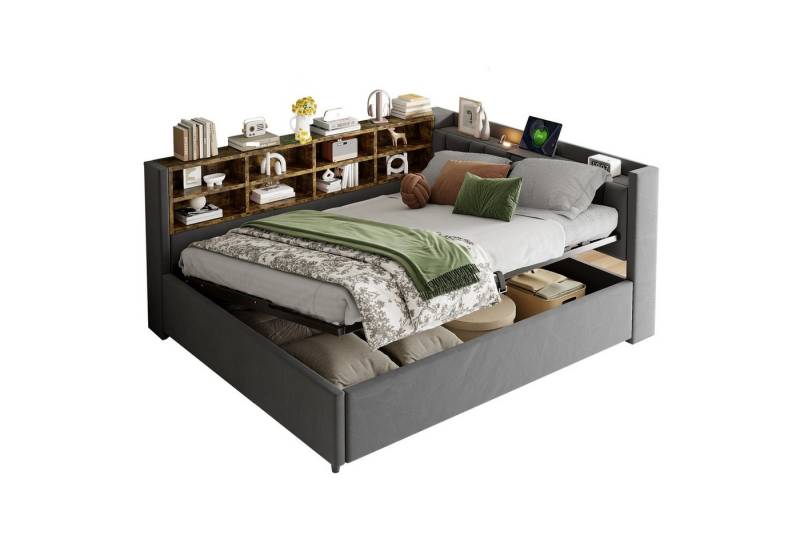 BlingBin Polsterbett Schlafsofa Multifunktionsbett Mit Ablagen und Staufächern (1-tlg., Mit Hydraulischem Stauraum,Mit Nachtlicht,USB- und Typ-C-Ladeanschluss), Einzelbett, Gepolstertes Kopfteil, Multifunktionsbett Samtstoff von BlingBin