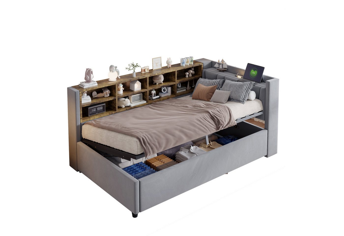 BlingBin Polsterbett Schlafsofa Multifunktionsbett Mit Ablagen und Staufächern (90x200 cm Schlafsofa, 1-tlg., Mit Hydraulischem Stauraum,Mit Nachtlicht,USB- und Typ-C-Ladeanschluss), Einzelbett, Gepolstertes Kopfteil, Multifunktionsbett Samtstoff von BlingBin