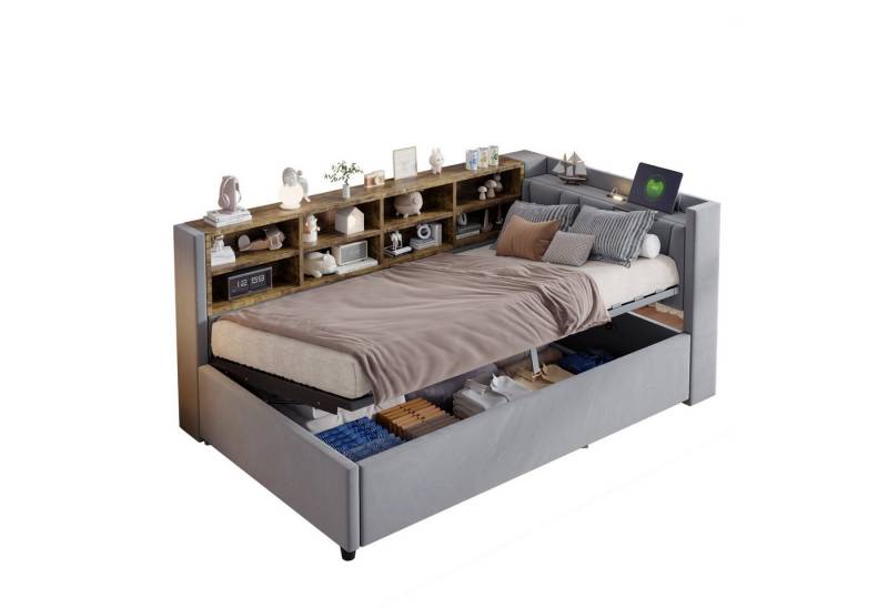 BlingBin Polsterbett Schlafsofa Multifunktionsbett Mit Ablagen und Staufächern (90x200 cm Schlafsofa, 1-tlg., Mit Hydraulischem Stauraum,Mit Nachtlicht,USB- und Typ-C-Ladeanschluss), Einzelbett, Gepolstertes Kopfteil, Multifunktionsbett Samtstoff von BlingBin