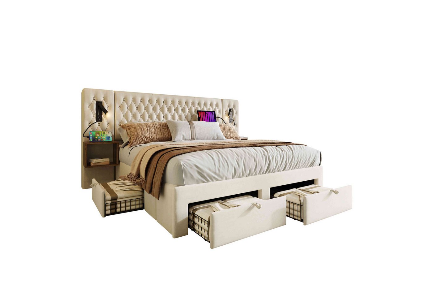 BlingBin Polsterbett Schlafzimmer-Set (1-tlg., 160×200 cm mit 2 Nachttischen und 4 Schubladen), Kopfteil Leselicht mit USB Ladefunktion-243×211×106cm von BlingBin