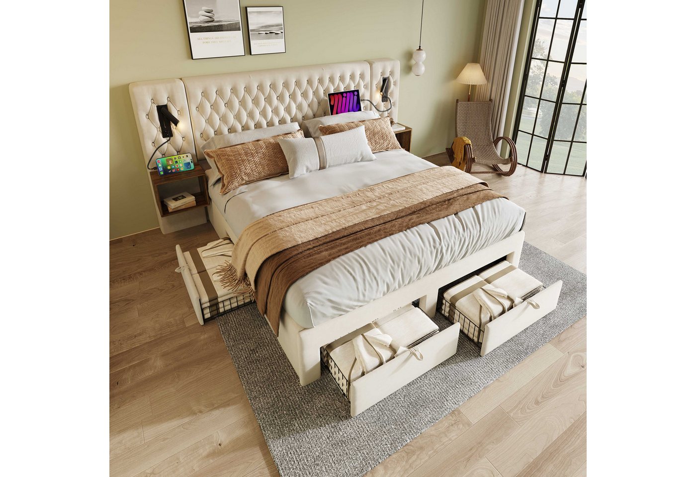 BlingBin Polsterbett Schlafzimmer-Set (1-tlg., 180×200 cm mit 2 Nachttischen und 4 Schubladen), Kopfteil Leselicht mit USB Ladefunktion-266.5×209×105cm von BlingBin