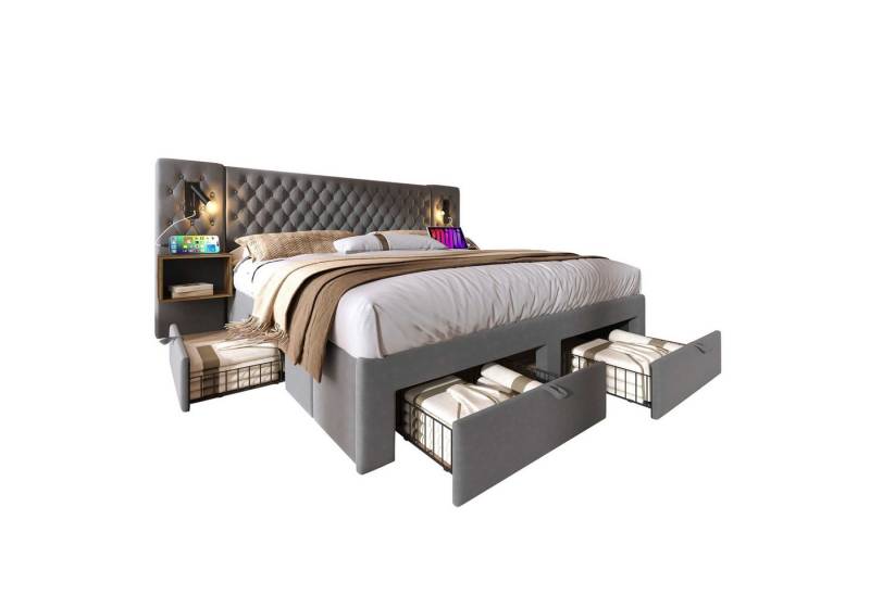 BlingBin Polsterbett Schlafzimmer-Set (1-tlg., 180×200 cm mit 2 Nachttischen und 4 Schubladen), Kopfteil Leselicht mit USB Ladefunktion-266.5×209×105cm von BlingBin