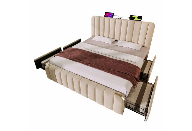BlingBin Polsterbett Schubladenbett (1-tlg., Doppelbett mit goldenen Zierstreifen und USB Typ-C Ladefunktion), Leinen-Material mit 4 Schubladen von BlingBin