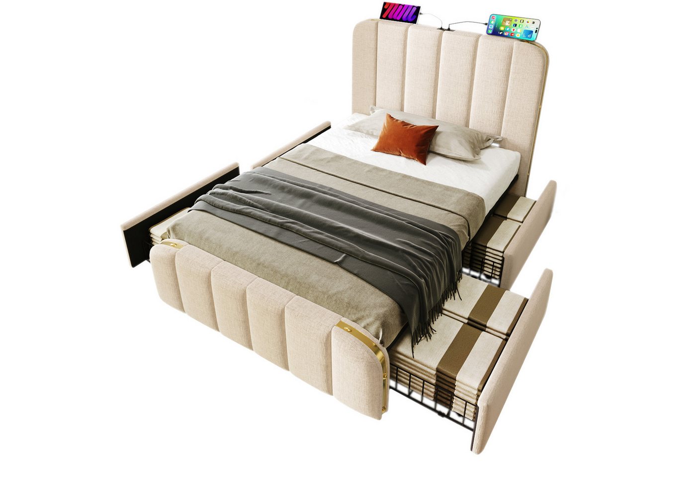 BlingBin Polsterbett Schubladenbett (1-tlg., Doppelbett mit goldenen Zierstreifen und USB Typ-C Ladefunktion), Leinen-Material mit 4 Schubladen von BlingBin
