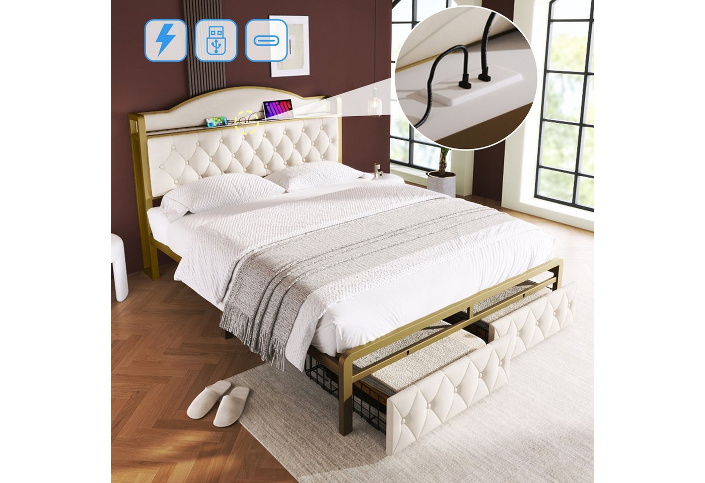 BlingBin Polsterbett Stauraumbett (1-tlg., Einzelbett mit USB Typ C Ladefunktion und Schubladen), Lattenrost aus Metallrahmen, Ohne Matratze, 140×200 von BlingBin