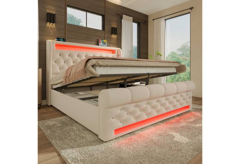 BlingBin Polsterbett Stauraumbett (1-tlg., Funktionsbett mit Lade- und Lichtfunktion für gemütliche Schlafzimmer), mit LED-Beleuchtung, USB- & Type-C-Ladestation und stilvollem Samt von BlingBin