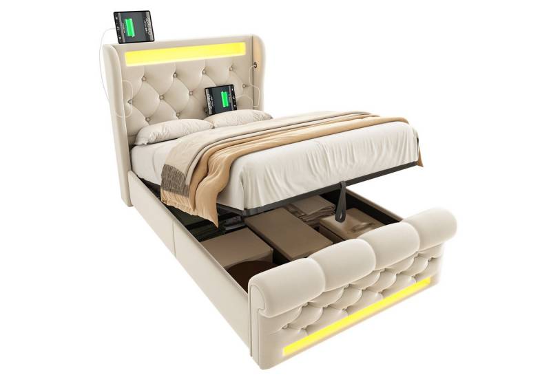 BlingBin Polsterbett Stauraumbett (1-tlg., Funktionsbett mit Lade- und Lichtfunktion für gemütliche Schlafzimmer), mit LED-Beleuchtung, USB- & Type-C-Ladestation und stilvollem Samt von BlingBin