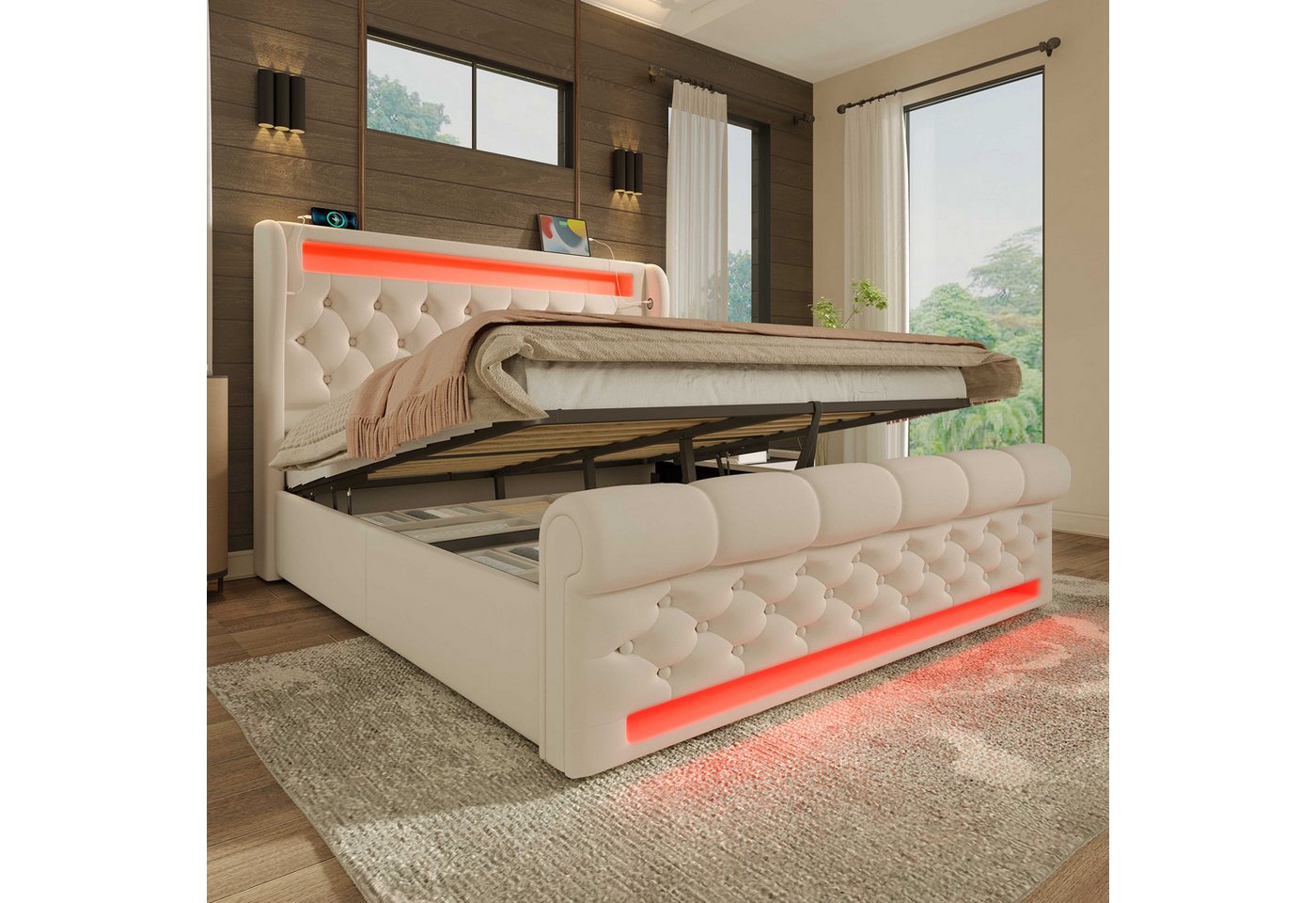 BlingBin Polsterbett Stauraumbett (1-tlg., Funktionsbett mit Lade- und Lichtfunktion für gemütliche Schlafzimmer), mit LED-Beleuchtung, USB- & Type-C-Ladestation und stilvollem Samt von BlingBin