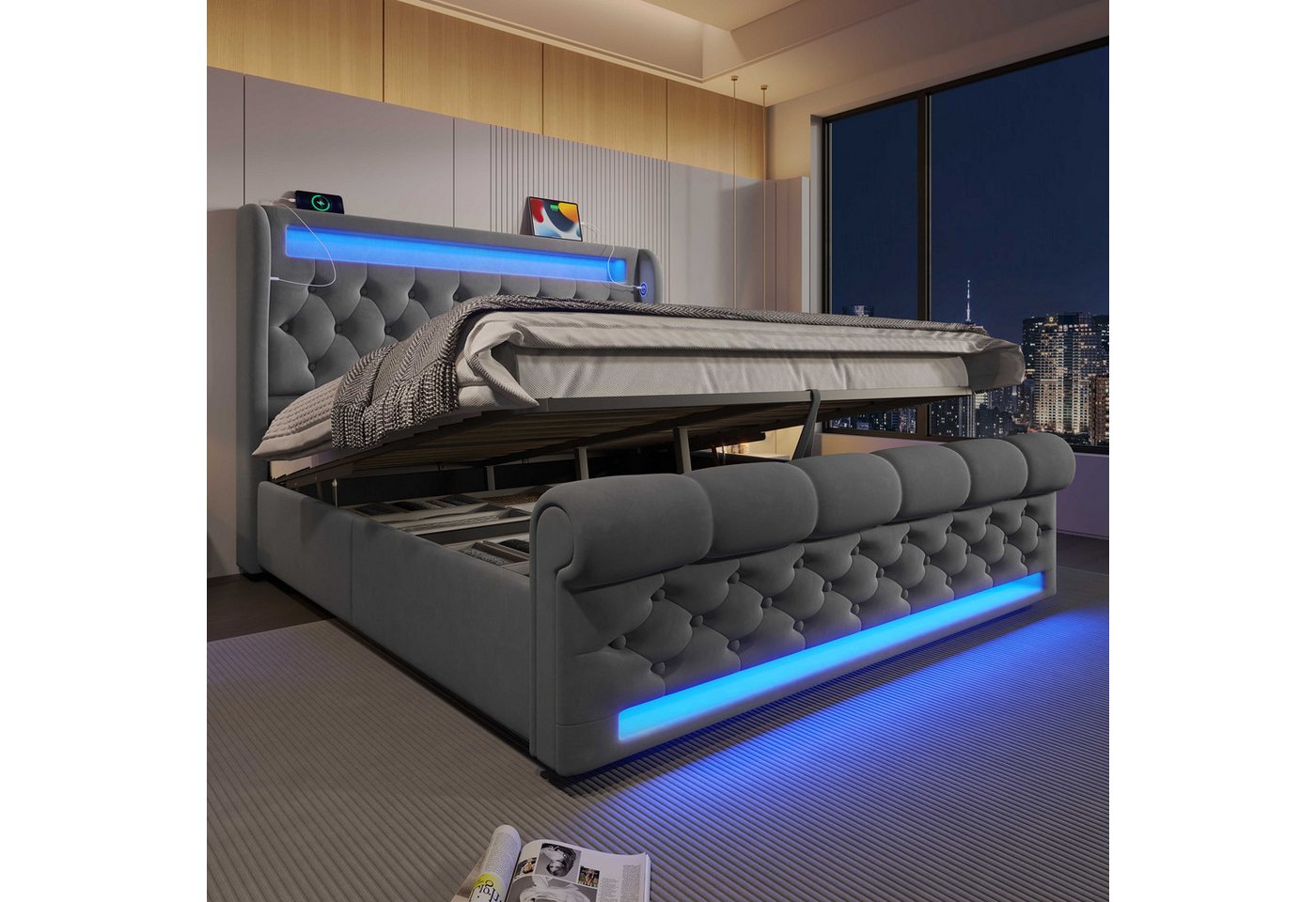 BlingBin Polsterbett Stauraumbett (1-tlg., Funktionsbett mit Lade- und Lichtfunktion für gemütliche Schlafzimmer), mit LED-Beleuchtung, USB- & Type-C-Ladestation und stilvollem Samt von BlingBin
