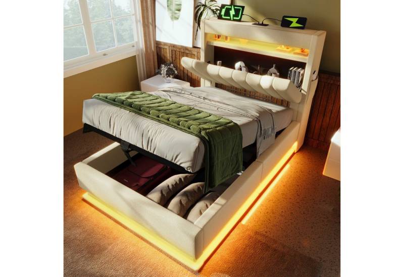 BlingBin Polsterbett Stauraumbett (1-tlg., hydraulischem Stauraum und Regal im Kopfteil, ohne Matratze), 90x200 cm mit LED-Beleuchtung, USB- & Typ-C-Ladefunktion von BlingBin