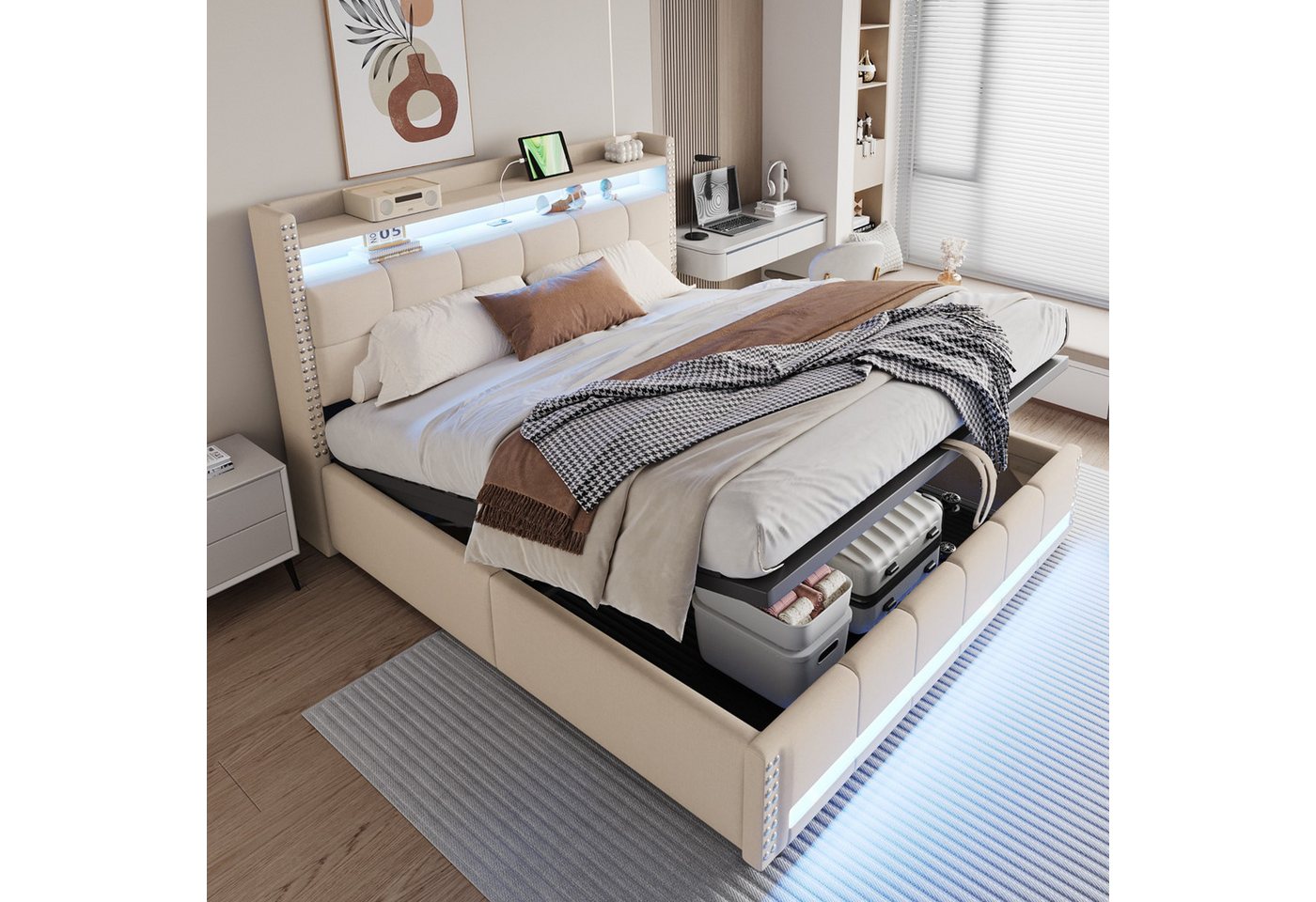 BlingBin Polsterbett Stauraumbett Doppelbett 180x200cm (1er Set, 1-tlg., mit LED-Beleuchtung und USB-Steckdose), Kopfteil mit Einlegeböden und Stauraum, Mit Hydraulik für die Lagerung von BlingBin