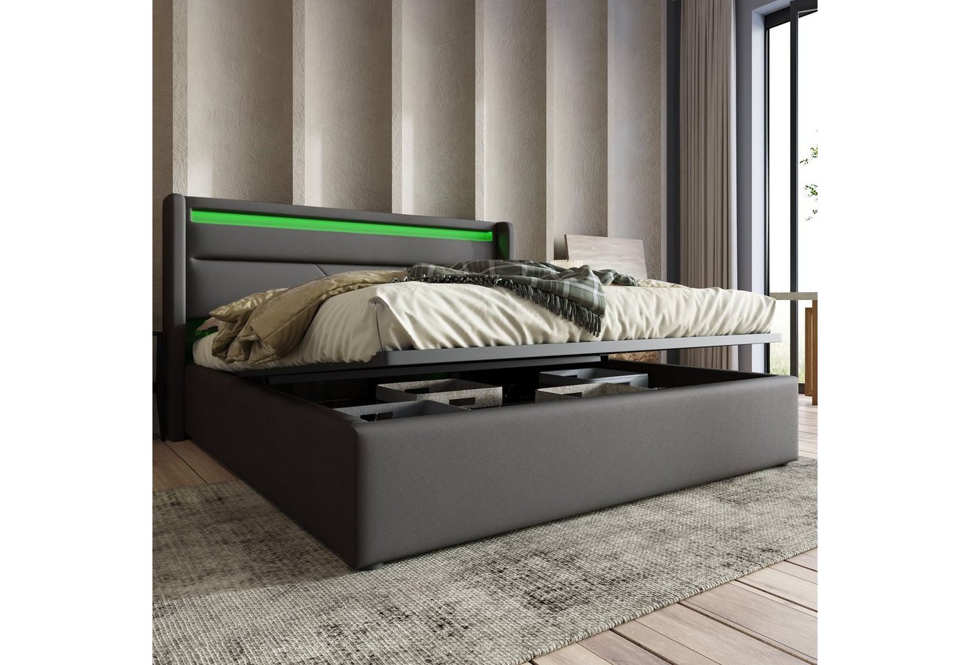BlingBin Polsterbett Stauraumbett Doppelbett mit LED-Leuchten 160x200cm Grau (mit Großer Bettkasten und Fernbedienung), mit Bettkasten und Lattenrost, Gesamtabmessung 202x166x107.5 cm (TxBxH) von BlingBin