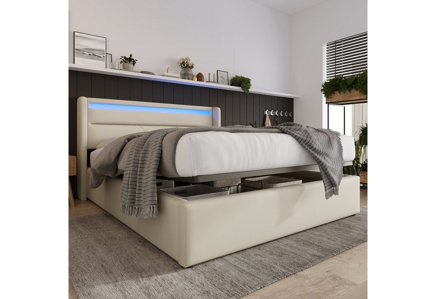 BlingBin Polsterbett Stauraumbett Doppelbett mit LED-Leuchten 160x200cm Weiß (mit Großer Bettkasten und Fernbedienung), Gesamtabmessung 	202x166x107.5 cm von BlingBin