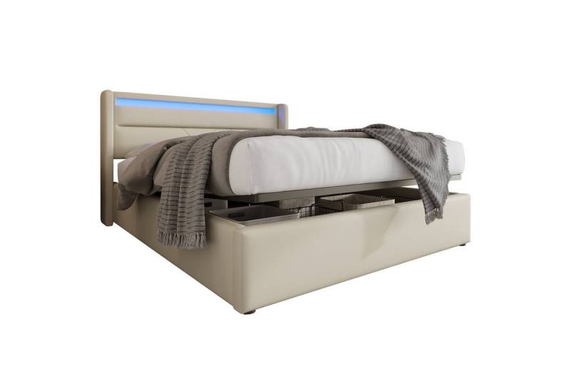 BlingBin Polsterbett Stauraumbett Doppelbett mit LED-Leuchten 160x200cm Weiß (mit Großer Bettkasten und Fernbedienung), Gesamtabmessung 	202x166x107.5 cm von BlingBin