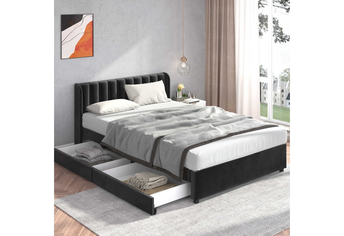 BlingBin Polsterbett Stauraumbett Funktionsbett (1-tlg., Mit Lattenrost Rückenlehne,2 Schubladen), Samt (ohne Matratze) von BlingBin