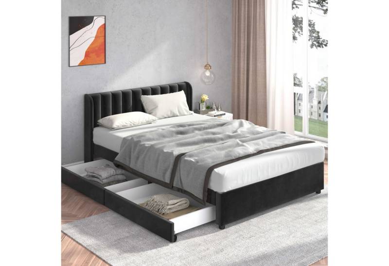 BlingBin Polsterbett Stauraumbett Funktionsbett (1-tlg., Mit Lattenrost Rückenlehne,2 Schubladen), Samt (ohne Matratze) von BlingBin