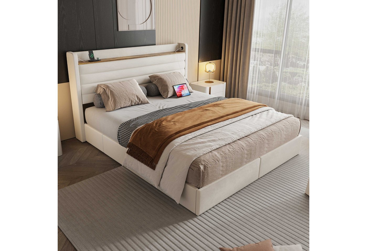 BlingBin Polsterbett Stauraumbett Funktionsbett Jugendbett (1-tlg., Mit 4 Schubladen,Usb-Anschluss Und Aufbewahrungsfunktion), 140x 200cm,Samt Gepolstertes Bettgestell, Matratze nicht enthalten von BlingBin