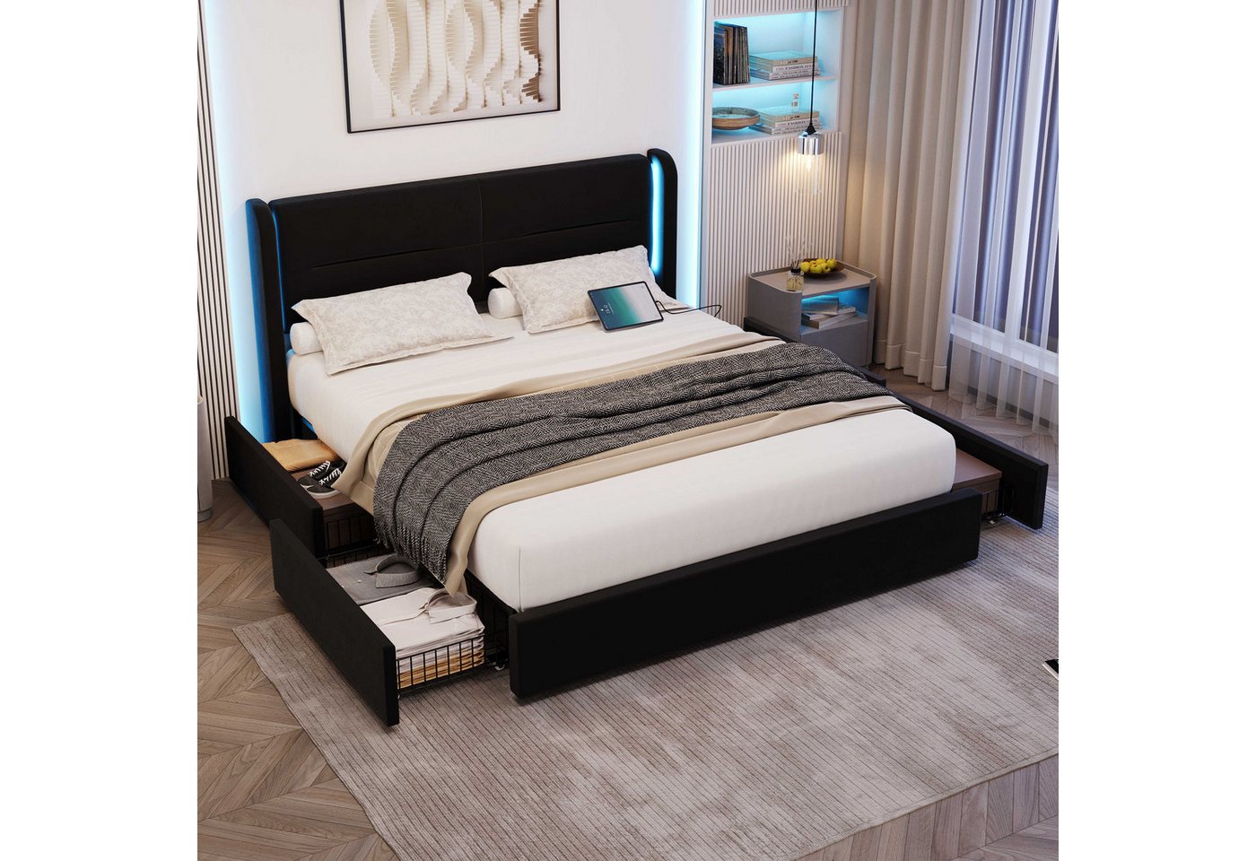 BlingBin Polsterbett Stauraumbett Funktionsbett Jugendbett (1-tlg., mit LED-Beleuchtung, 4 Schubladen, USB-Dual-Anschlüssen), 140x200 cm,Modernes Bettgestell,Matratze nicht enthalten von BlingBin