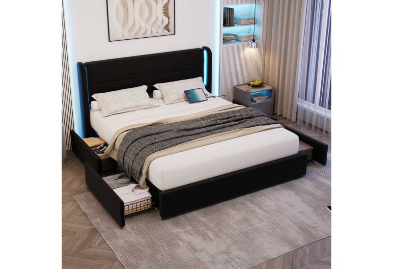 BlingBin Polsterbett Stauraumbett Funktionsbett Jugendbett (1-tlg., mit LED-Beleuchtung, 4 Schubladen, USB-Dual-Anschlüssen), 140x200 cm,Modernes Bettgestell,Matratze nicht enthalten von BlingBin