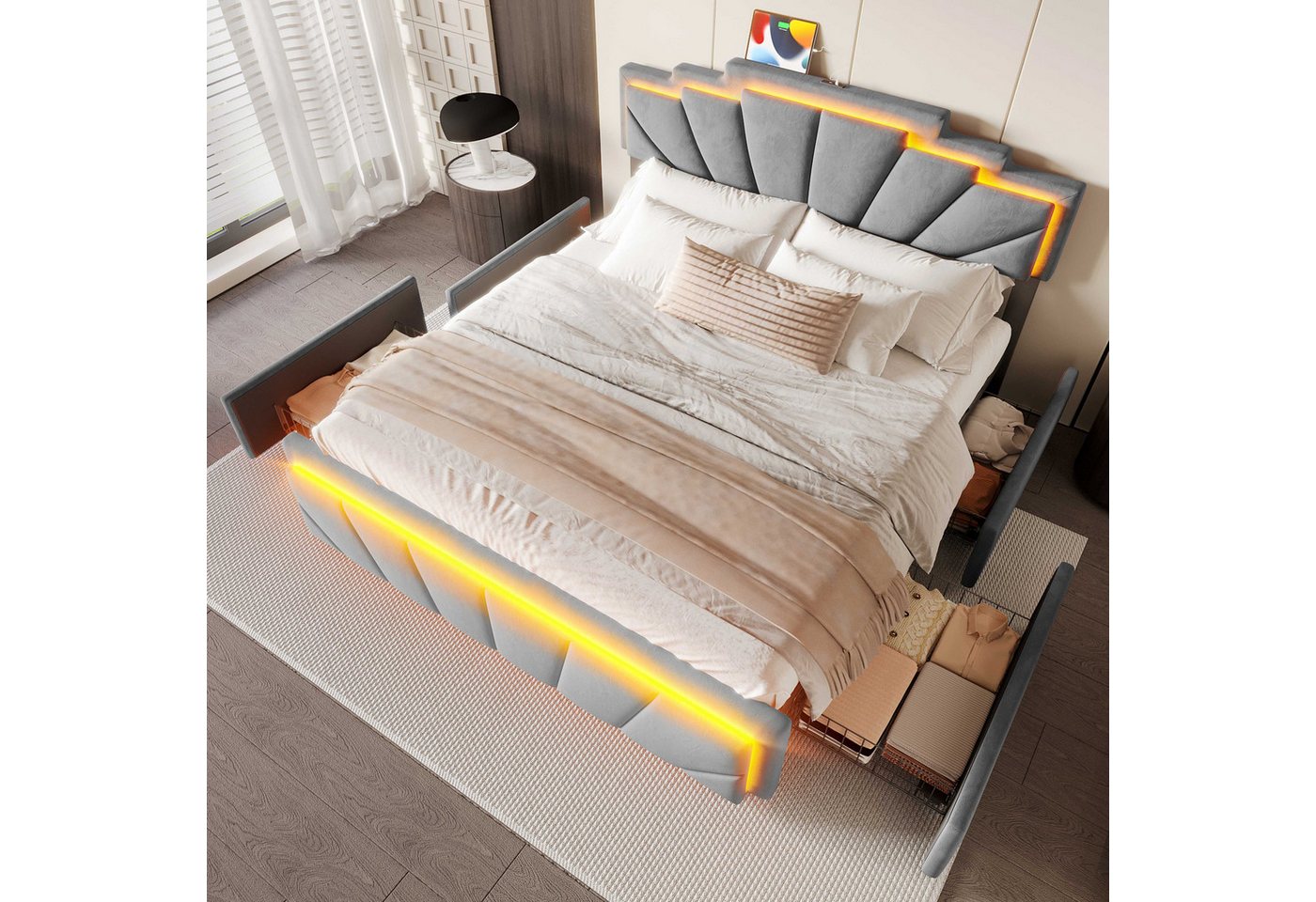 BlingBin Polsterbett Stauraumbett Funktionsbett Jugendbett (einzigartigem trapezförmigem Kopfteil, 1-tlg., mit integrierter LED-Lichtleiste,USB Type-C Anschluss, 4 Schubladen), 160x200CM Elegantes Design,Matratze nicht dabei von BlingBin