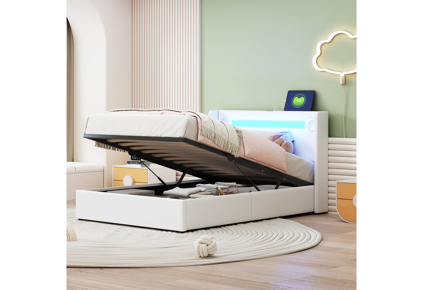 BlingBin Polsterbett Stauraumbett Jugendbett (Einzelbett, 1-tlg., 90x200 cm), mit LED-Lichtleiste, Bluetooth-Player und USB-Aufladung,Hochbeetkasten von BlingBin