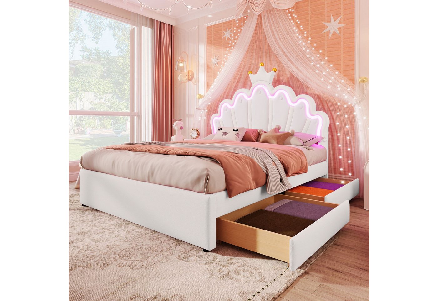 BlingBin Polsterbett Stauraumbett kronenförmiges Prinzessinnenbett mit 2 Schubladen (Funktionsbett, 1-tlg., 140 x 200 cm), Ferngesteuertes Ambientelicht, Bett Verstellbares Kopfteil, PU, Weiß von BlingBin